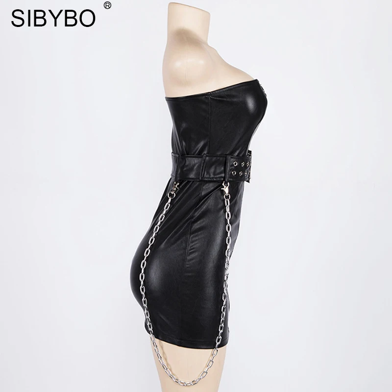 Sibybo сексуальное платье без бретелек с поясом из искусственной кожи женское летнее мини-платье с открытыми плечами на молнии черные Клубные вечерние короткие платья с открытой спиной