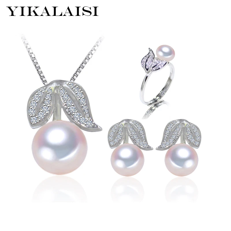 

YIKALAISI 2017 100% natural freshwater pearl set 925 Sterling Silver jewelry ring stud Earrings Pendant For Women wedding gifts