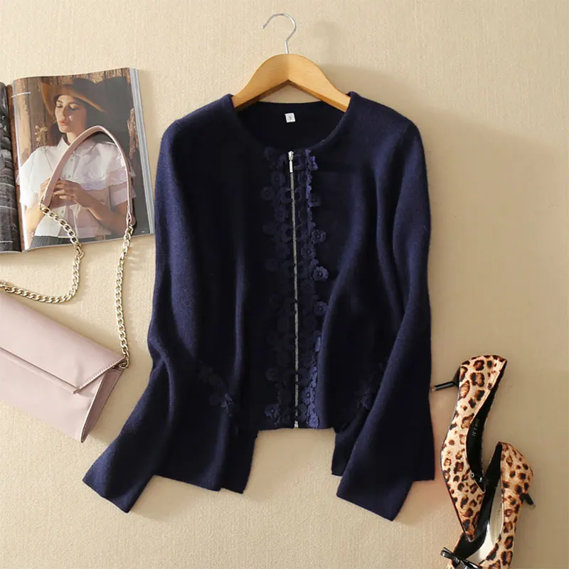 Navy Blue Осень, натуральный кашемир, аппликация, вышивка, пальто, круглый вырез, длинный рукав, на молнии, осень/зима, теплый вязаный свитер, пальто - Цвет: Navy Blue