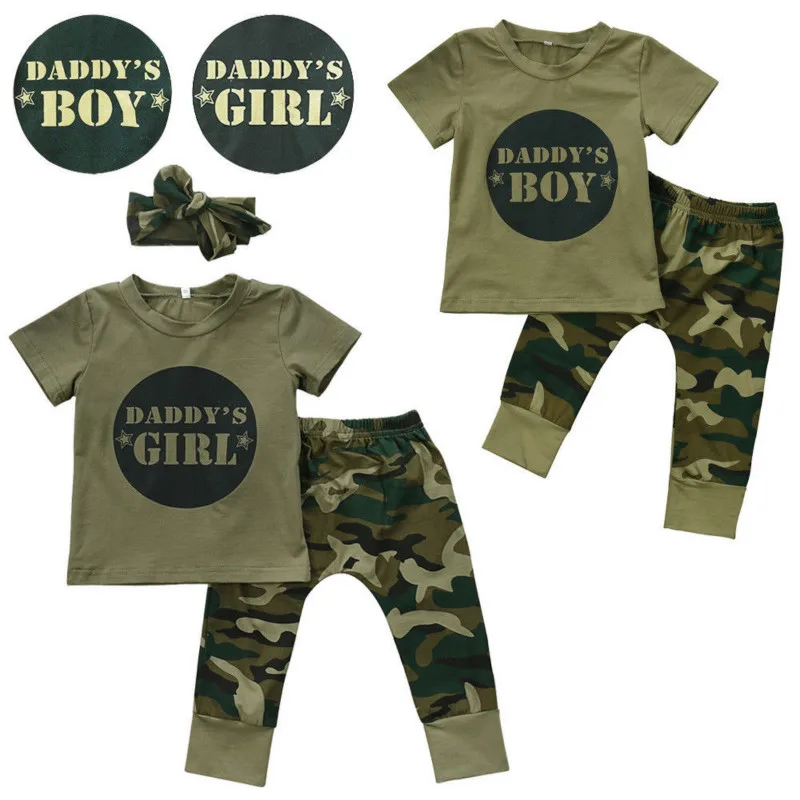 

3PCS Set Camouflage Baby Clothes Daddy's Boy Girl Short Sleeve T-shirt Tops+Pant Outfit Toddler Kids Clothing Set 0-24M