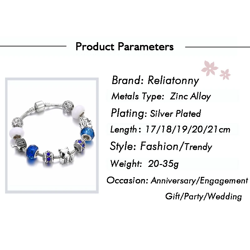 Hot Sale Blue Glass Crystal Beads Charms Bracelet &amp Bangle Heart Lock Key Tortoise Pendant Bracelets For Women Diy Jewelry Gifts |
