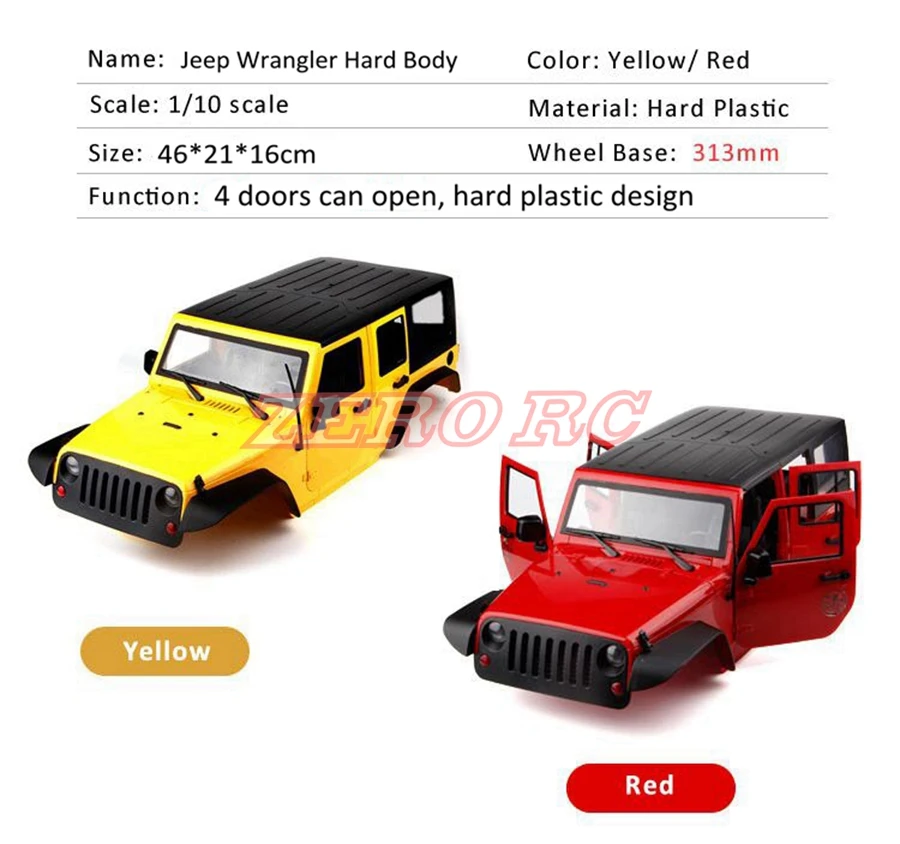 RC 1/10 весы 313 мм колесная база жесткий пластик JK JEEP WRANGLER RUBICON корпус для рок