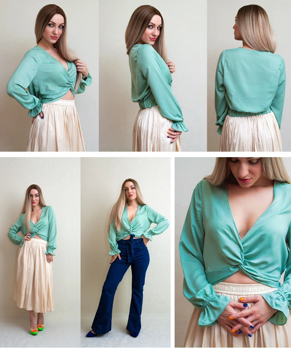 SHEIN зеленая женская блузка с глубоким v-образным вырезом и оборками с длинным рукавом, весна, простые повседневные топы и блузки для отдыха