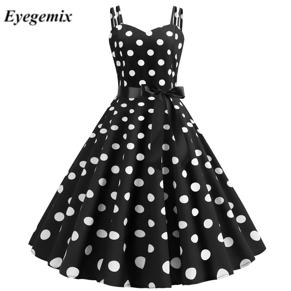 Женское винтажное платье ретро в горошек белое стиле Хепберн с лямкой на шее
