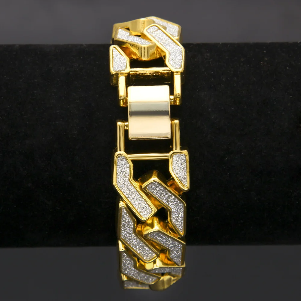 Sand Blast Bracelet Cuban Chain Link Alloy Iced Out Hip Hop Gold Silver Color Bling Crystal Heavy 15MM for Mens Bracelets 8.6" image 6