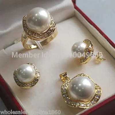 

Hot sale Free Shipping 10mm 14mm White pink South Sea Shell Pearl Earrings Ring Necklace Pendant + chainSet ring 6#,7#,8#,9#