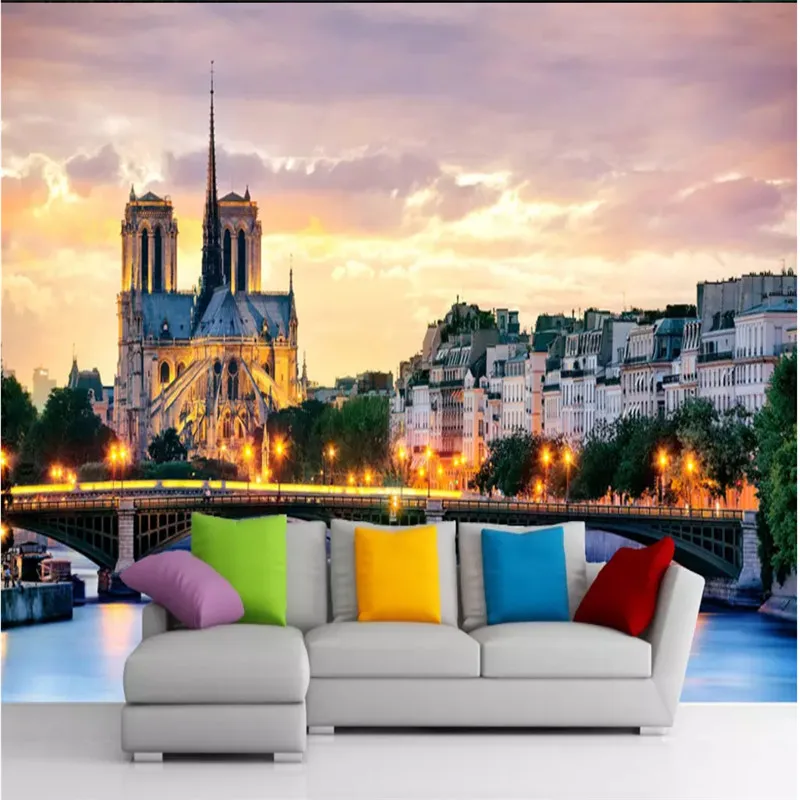 Custom Wall Paper 3D HD France Notre Dame De Paris Night View Color Photo Wallpaper Black and White Mural Murals | Обустройство дома