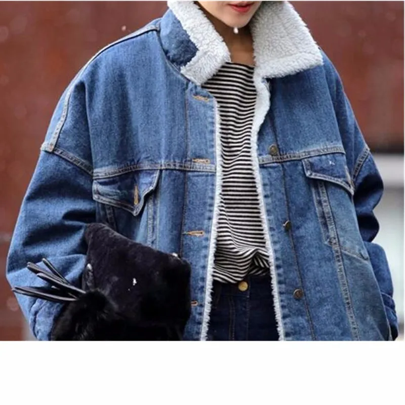 Для женщин куртка осень Зимние парки пальто джинсы ягнят меховой воротник