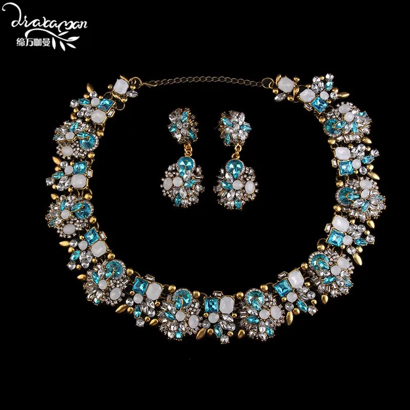 light blue Dvacaman Роскошные Femme Bijoux Кристалл цветок Индийская Свадьба Ювелирные наборы для женщин себе ожерелье и серьги аксессуары A31 - Окраска металла: light blue