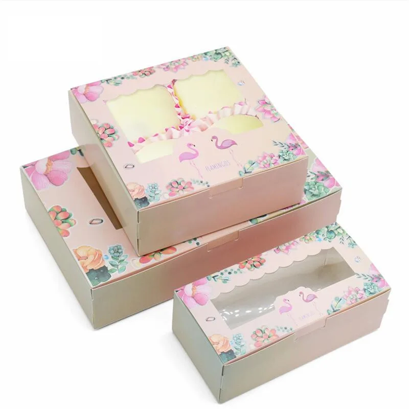 Pink Flamingo Pattern Cake Box With PVC Window Cookie Package Paper Cupcake Baking Packaging | Дом и сад