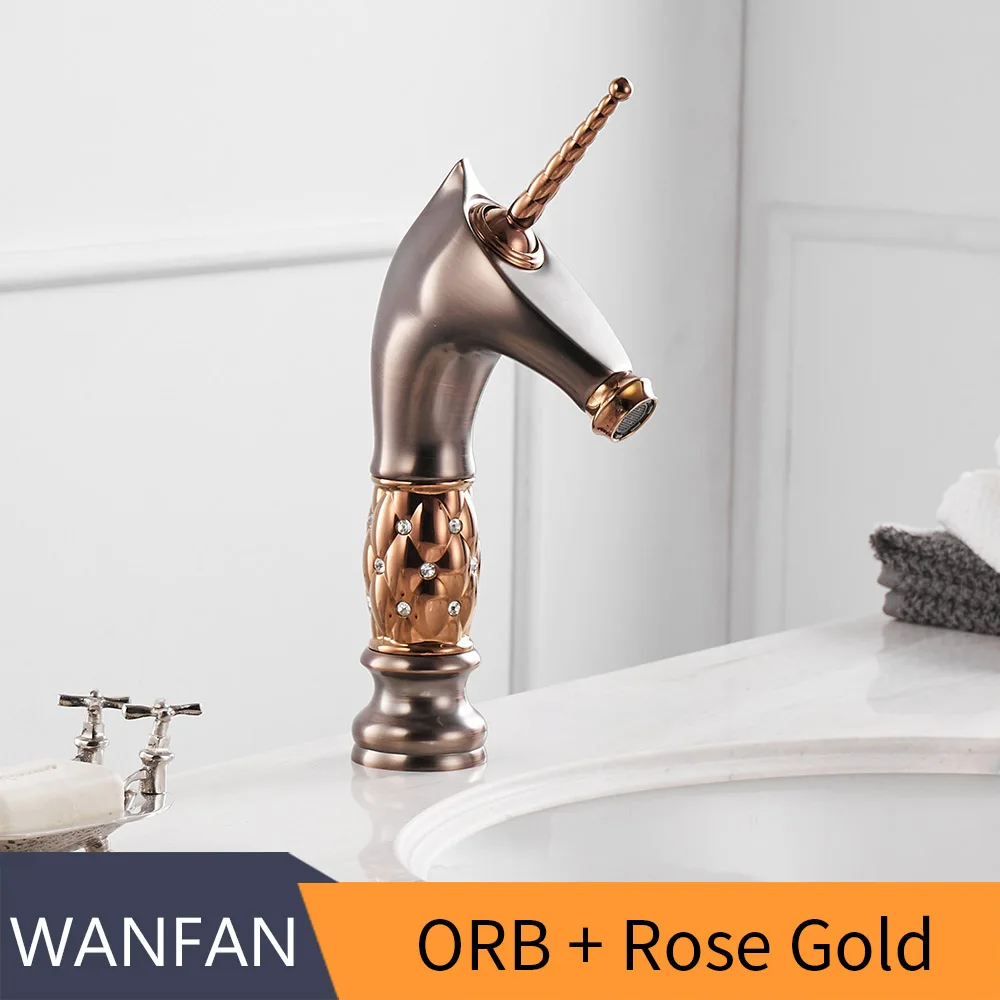 ORB And Rose Gold Смеситель для раковины, уникальный модный кран для ванной комнаты с лошадиной головкой, черная латунь, на бортике, одинарная длинная ручка, смеситель для туалета 855755 - Цвет: ORB And Rose Gold