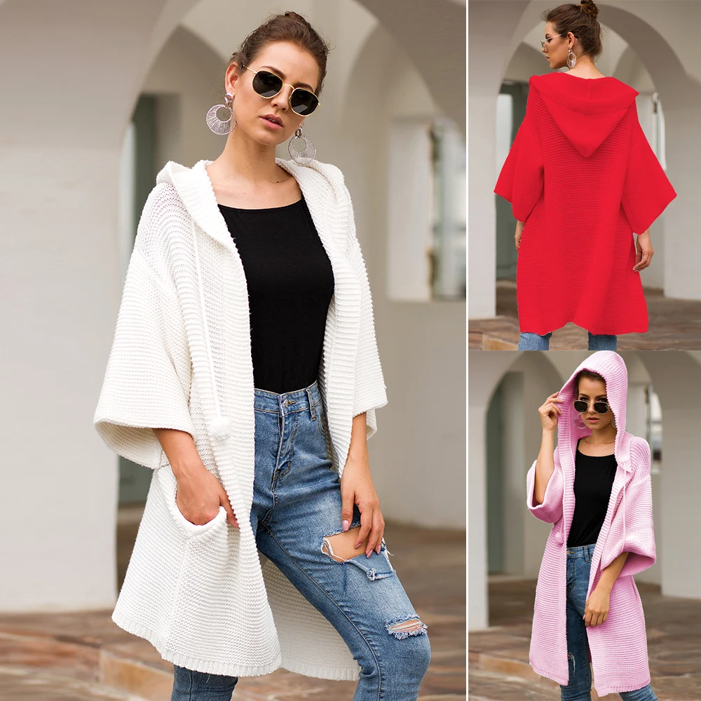 Women Cardigan Autumn Long Knitted Jacket Oversized Hooded Sweater Winter White Red Coat with Hat Lady Outwear eDressU SJ-VD3069 |
