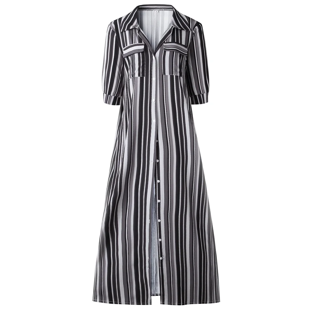 VIEUNSTA Винтаж в радужную полоску Boho Maxi Dress Для женщин кнопку сбоку Разделение длинное платье Повседневное отложной воротник осенние платья 3XL