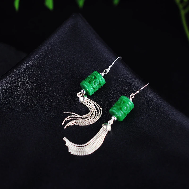 Women's Long Tassel Drop Earring Pure 925 Sterling Silver Natural Jade Handmade Gifts Fashion Jewelry 2021 Free Shipping E234 |