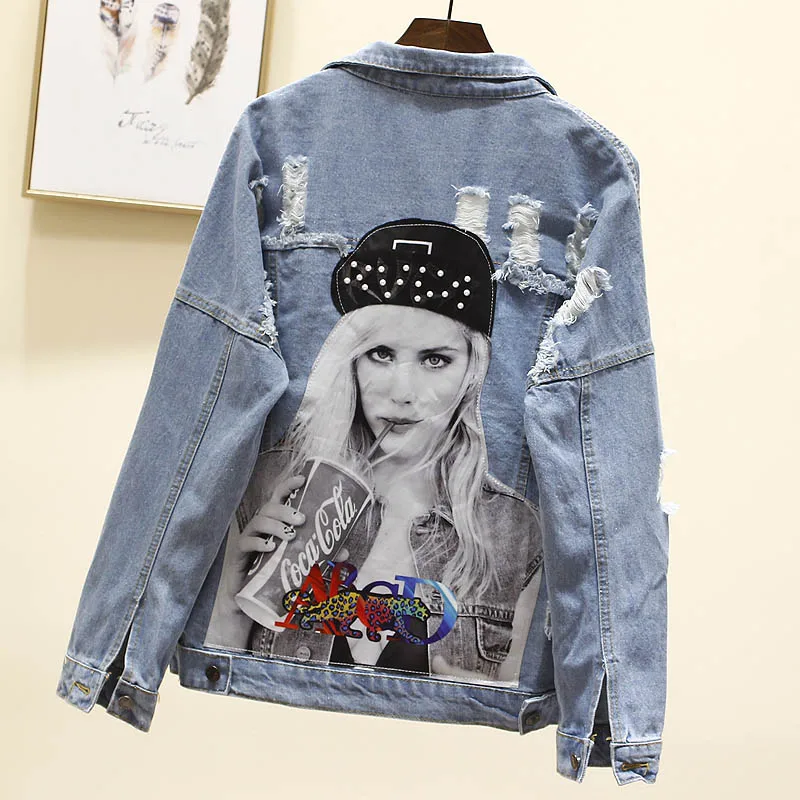 Женская свободная куртка с воротником повседневная дырками и изображением