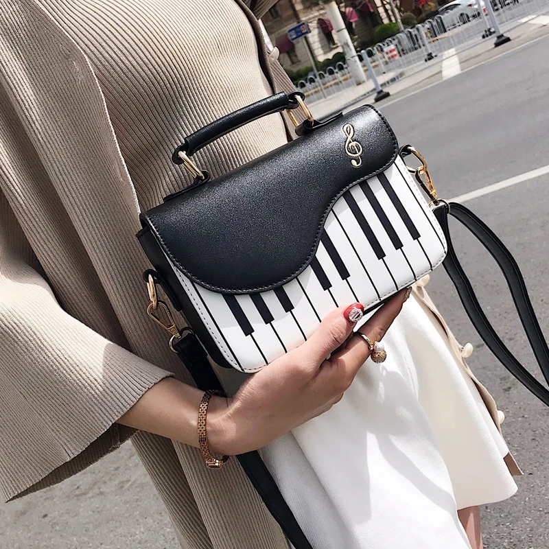 

Cute Piano Pattern Fashion Shoulder Bag Pu Leather Casual Ladies Handbag Black Crossbody Messenger Bag Pouch Totes Women's Flap