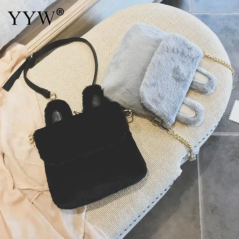 

Plush Crossbody Bag For Women 2018 Personality Shoulder Bag With Chain Cute Ear Purse And Handbag Girl Bolsos Mujer Black