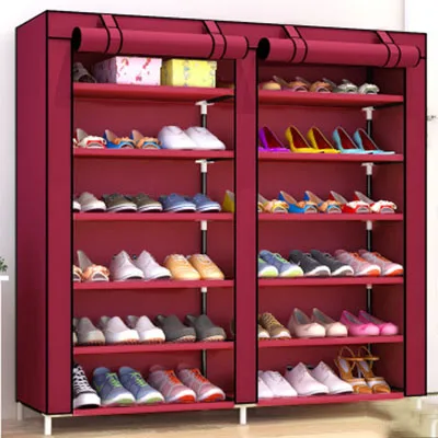 wine red shoe style Большая вместительная двухрядная полка для обуви DIY, домашняя многослойная Подставка для хранения в общежитии, полка для защиты обуви от пыли, Тканевый шкаф для обуви с героями мультфильмов - Цвет: wine red shoe style