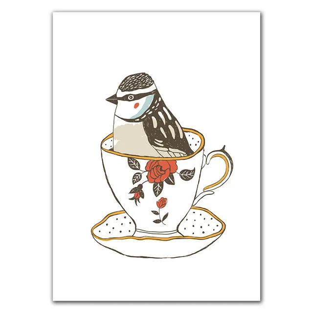 Принты для домашнего декора картина в скандинавском стиле кофейная чашка птица