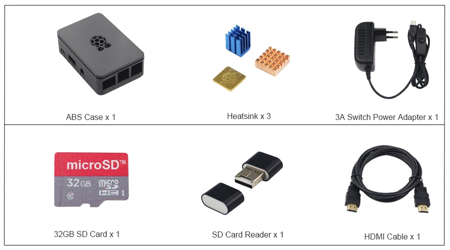 Raspberry Pi 3 Model B+ Plus ABS Чехол комплект+ sd-карта 16 32 ГБ+ адаптер питания 3A+ радиаторы+ кабель HDMI+ 40pin GPIO кабель платы