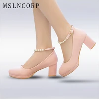 plus size 34 43 women high heels platform pearls string bead ankle strap ladies dress pumps prom evening bridal wedding shoes