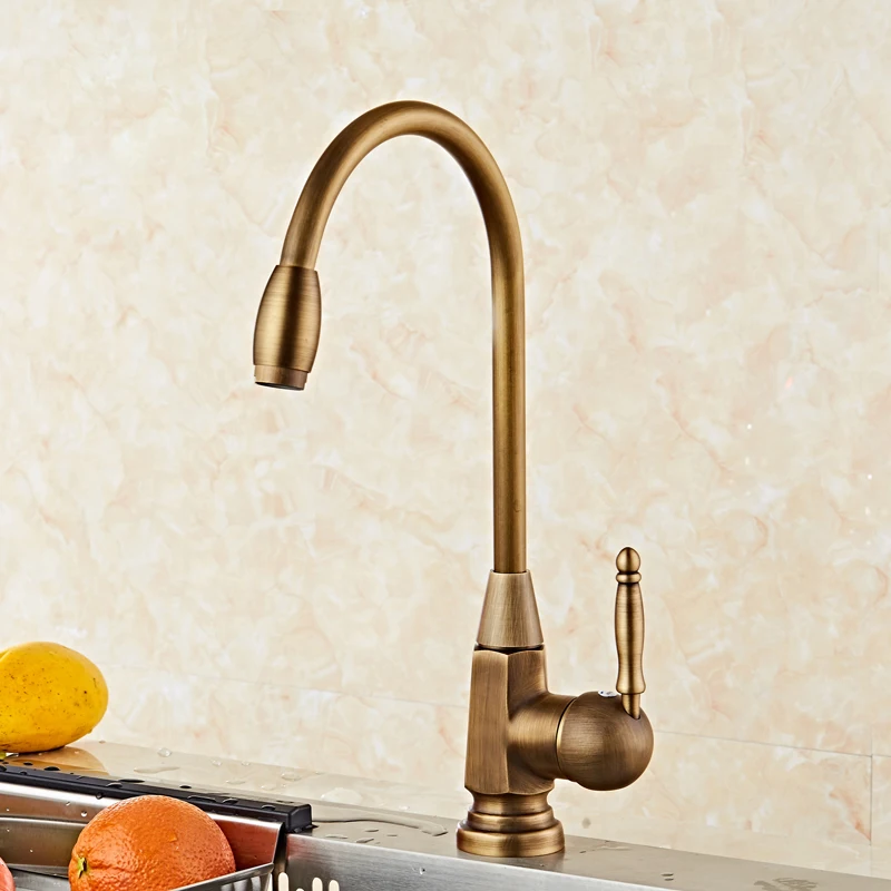 kitchen sink faucet retro style antique solid brass hot and cold water single lever deck mounted brushed mixer tap rotatable free global shipping