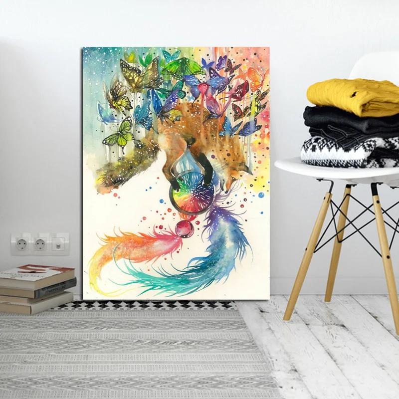 Dreamlike красочные акварельные лисы Холст Картина Печать Гостиная Украшение дома
