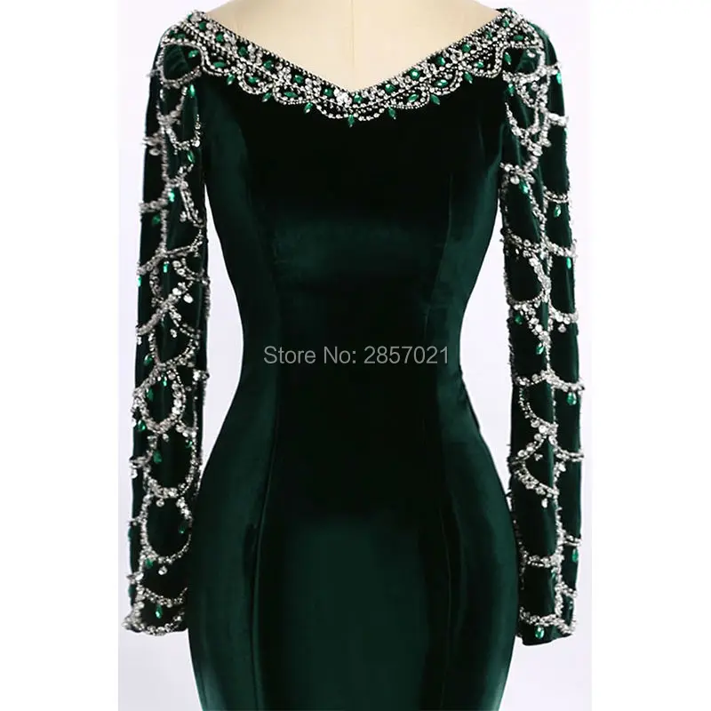 Настоящее Фотография Luxury Royal Blue Velvet Вечернее Платье На Заказ Русалка С Длинным Рукавом Пром Платья Формальные Хрустальные Бусины Дубай Вечернее Платье