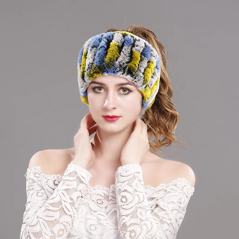 New Design Women Handmade Stretch Real Fur Scarf Knit Genuine Rex Rabbit Headbands Girl Natural Ring Scarves Winter Warm | Аксессуары