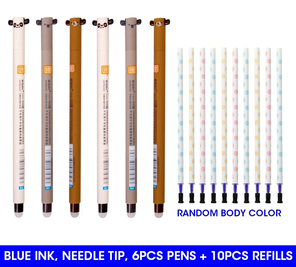 16PCS BLUE INK-EARS M& G, 12 шт./лот, милые стираемые ручки Kawaii, стирающиеся ручки с ластиком, гелевая чернильная ручка, 0,5 мм, стирается, Заправка для школы, черный, синий - Цвет: 16PCS BLUE INK-EARS