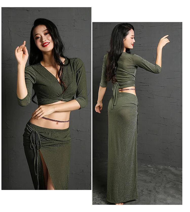 Новое поступление Для женщин Блеск Сетки Bellydance костюм 2 шт. с длинным рукавом Dancer Практика одежда для конкуренции черный фиолетовый Кофе