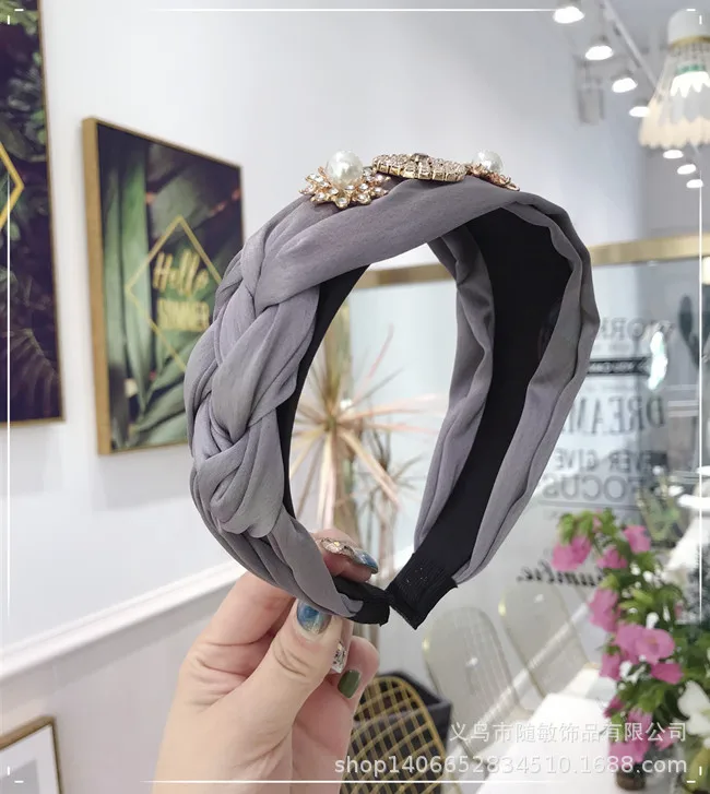 Армейский зеленый Корейский обруч для волос Schwarz Tuch Verknotet Kreuz Tie Breiten Stirnbander Fur Frauen Mode Schmuck имитация Perle Kristall Haar - Цвет: Армейский зеленый