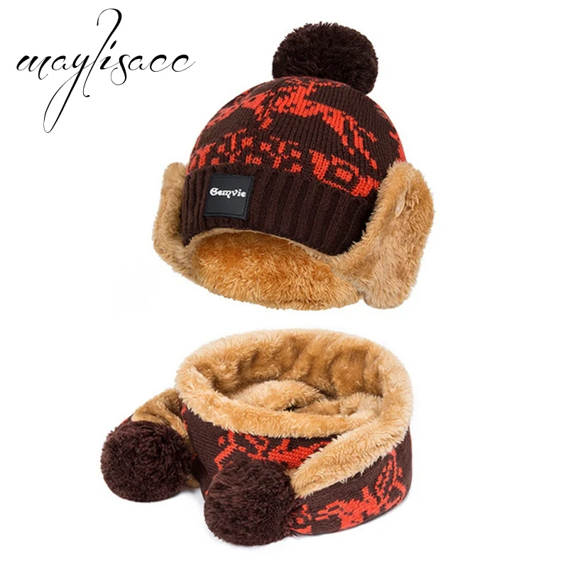 Dark Brown Maylisacc 2 предмета детские зимние утепленные вязаная шапка Кепки с шарфами стиль для детей на возраст 2-5 лет мальчики девочки Кепки комплект - Цвет: Dark Brown