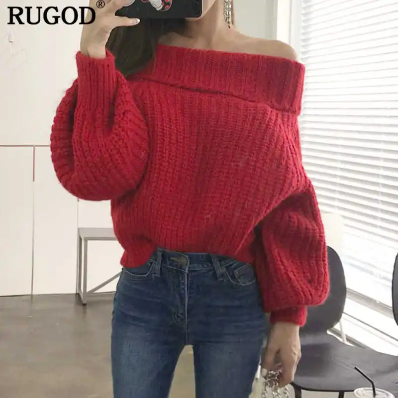 Красный RUGOD новейший женский свитер с длинным рукавом и открытыми плечами, одноцветные женские пуловеры, Повседневная теплая зимняя одежда, свитеры для женщин invierno - Цвет: Красный