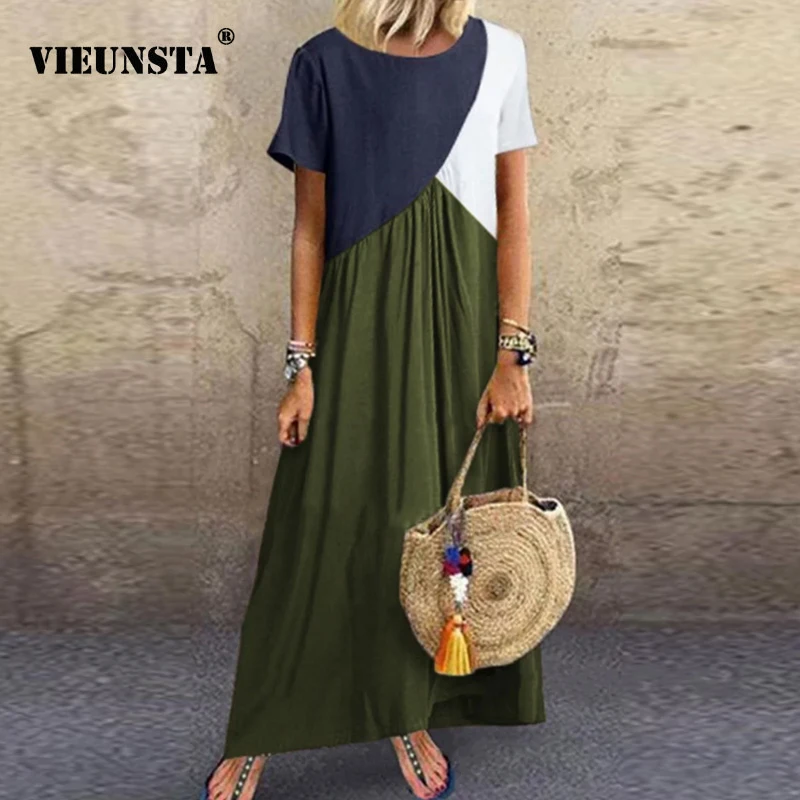 VIEUNSTA 5XL Summer Print Patchwork Long Party Dress Women Vintage Short Sleeve O-Neck Beach Dress Sexy Plus Size Female Dresses