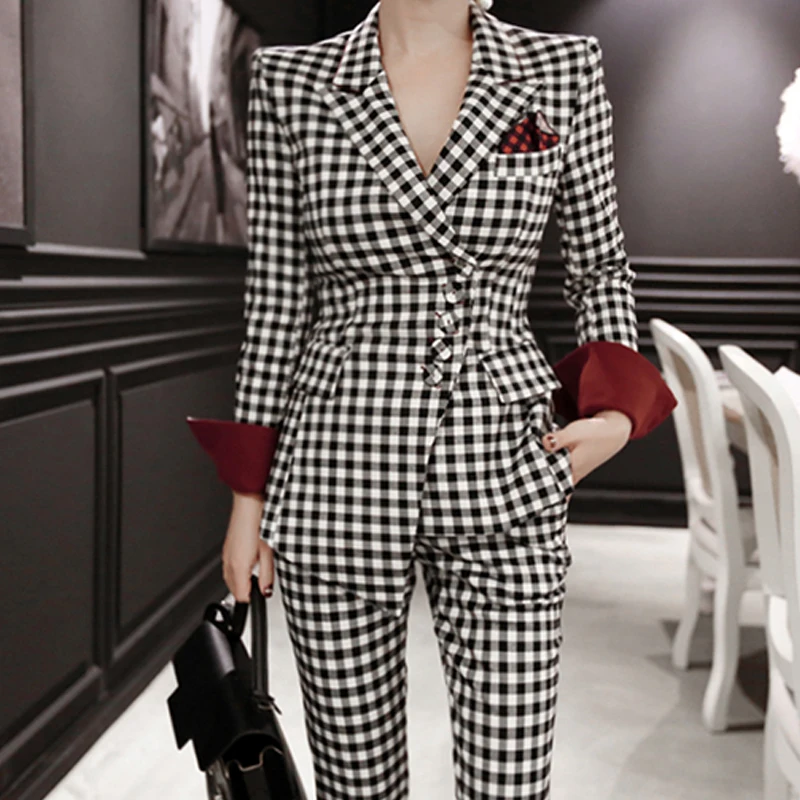 Fall/winter Women's Suit Temperament Fashion Plaid Small Slim Commuter Pants Two-piece Women Tops and Pant | Женская одежда