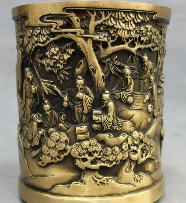 Chinese Bronze Pine Tree Old Man Play Chess Statue Brush Pot Barrel Pencil Vase 8.06 | Дом и сад