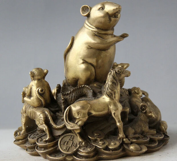 856++7&quot Chinese Brass 12 Zodiac Year Mouse Rat Mice Horse Tiger Pig Bull Statue Set | Дом и сад