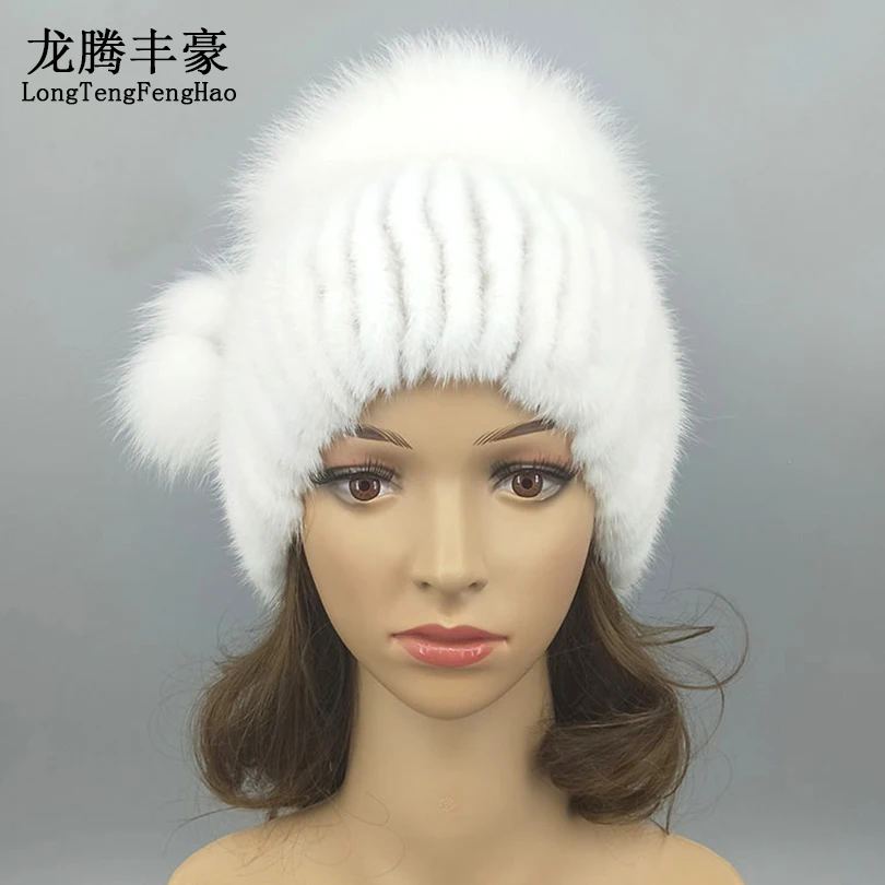 Warm Real Mink Fur Women's Cap Fashion Stripe Hat With Genuine Fox Fur Ball Pompom Female Winter Real Fur Caps Knitting Mink Hat
