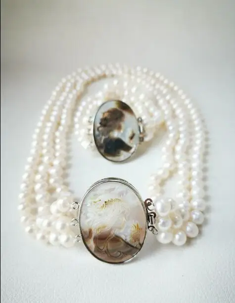 Красивый 3 ряда 8 9 мм белый пресноводный жемчуг ожерелье браслет набор зажим с