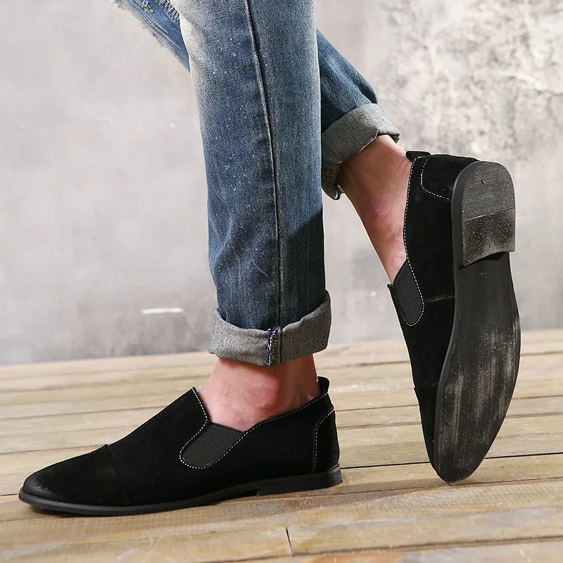 Pointed Toe Cow Suede Shoes Men Loafers British Style Moccasins Casual Slip On Black Gray Brown | Обувь
