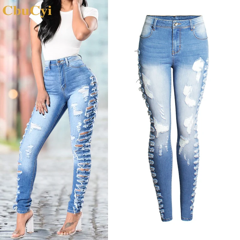 Модные рваные джинсы с дырками женские джинсовые брюки облегающие Стрейчевые