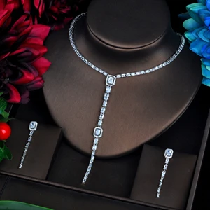 Platinum Plated HIBRIDE элегантные длинные блестящие CZ Висячие Ювелирные наборы брелок из старинной стали роскошные свадебные украшения набор Bijoux для женщин вечерние подарки N-562 - Окраска металла: Platinum Plated