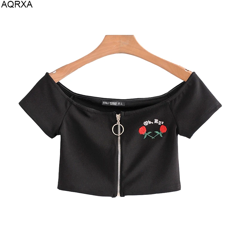 Женские черные короткие топы, Цветочная вышивка танки Slash шеи Camis красная роза Сексуальная Передняя молния Танк SML Прямая