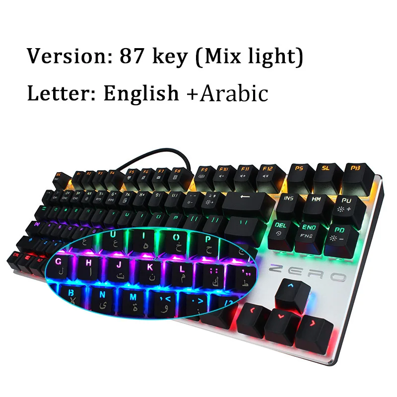 Black Arabic 87Key Metoo edition игровая механическая клавиатура с 87/104 клавишами, с защитой от привидения, Светящийся синий переключатель, с подсветкой, Проводная клавиатура, Арабский/Русский - Цвет: Black Arabic 87Key