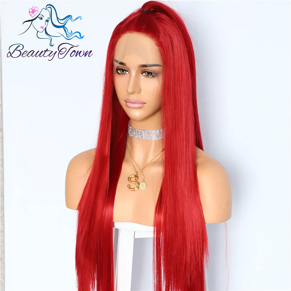 BeautyTown HandTied оранжевый красный 1B белый термостойкие прямые Косплей Знаменитости Девушка Свадебная вечеринка синтетический парик на кружеве