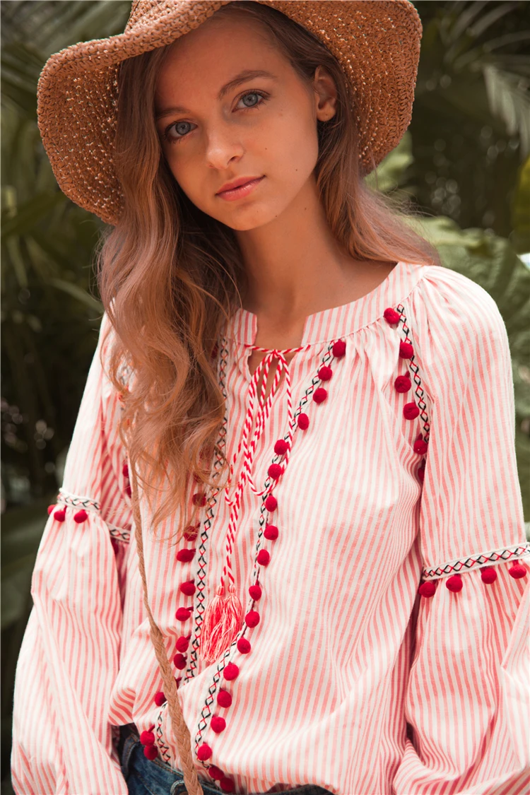 Khale Yose летние рубашки для женщин с длинным рукавом Свободные вышивка Boho Топы и блузки хиппи шик полоса Женская хлопчатобумажная блузка