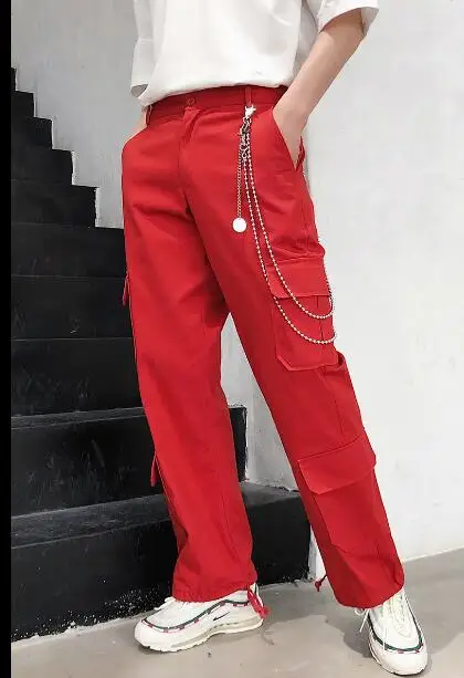 

2018 Original design red multi-pocket overalls wide leg pants Korean version of the trend casual straight pants M-XL