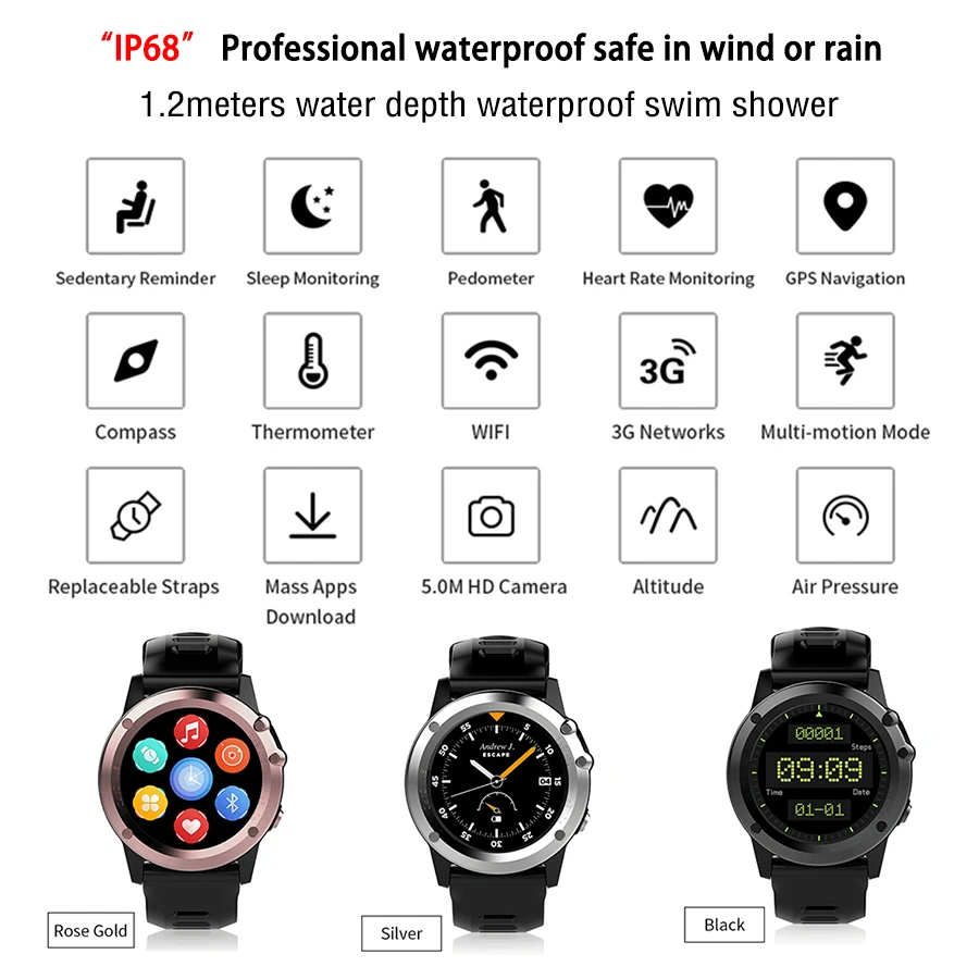 Roadtec IP68 Смарт часы swimproof с Камера GPS трекер SmartWatch ОС Android Поддержка 3G Wi Fi альтиметр