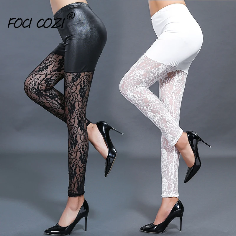 Trending Products 2019 Lace Leggings White Pu Leather Leggings Women Fitness Legging Black Transparent Lace Up Leggings Pants